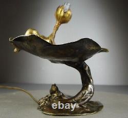 1900 E. Maurel Lampe Veilleuse Sculpture Art Nouveau Bronze Dore Femme Fleur Nue