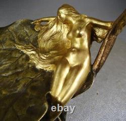 1900 E. Maurel Lampe Veilleuse Sculpture Art Nouveau Bronze Dore Femme Fleur Nue