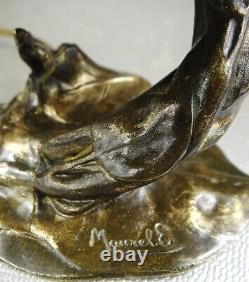 1900 E. Maurel Lampe Veilleuse Sculpture Art Nouveau Bronze Dore Femme Fleur Nue