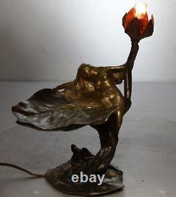 1900 E. Maurel Lampe Veilleuse Sculpture Art Nouveau Bronze Dore Femme Fleur Nue