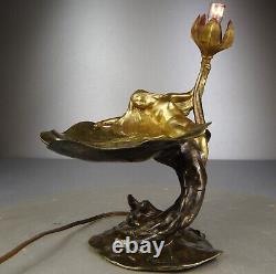 1900 E. Maurel Lampe Veilleuse Sculpture Art Nouveau Bronze Dore Femme Fleur Nue