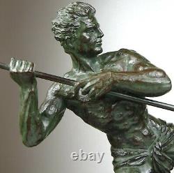 1920/1930 G Hervor Statue Sculpture Art Deco Athlete Nu Homme Javelot Pat Bronze