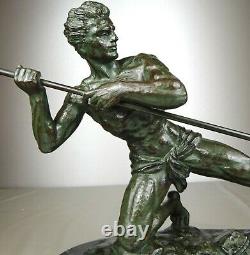 1920/1930 G Hervor Statue Sculpture Art Deco Athlete Nu Homme Javelot Pat Bronze