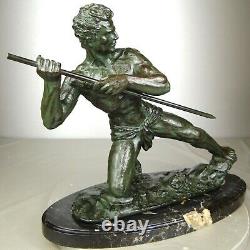 1920/1930 G Hervor Statue Sculpture Art Deco Athlete Nu Homme Javelot Pat Bronze