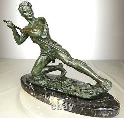 1920/1930 G Hervor Statue Sculpture Art Deco Athlete Nu Homme Javelot Pat Bronze