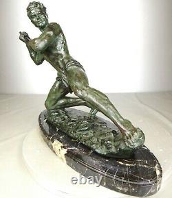 1920/1930 G Hervor Statue Sculpture Art Deco Athlete Nu Homme Javelot Pat Bronze