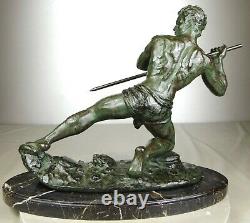 1920/1930 G Hervor Statue Sculpture Art Deco Athlete Nu Homme Javelot Pat Bronze