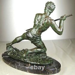 1920/1930 G Hervor Statue Sculpture Art Deco Athlete Nu Homme Javelot Pat Bronze