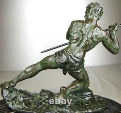 1920/1930 G Hervor Statue Sculpture Art Deco Athlete Nu Homme Javelot Pat Bronze