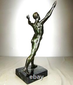 1920/1930 H Fugere Rar Statue Sculpture Art Deco Bronze Athlete Homme Nu Sportif