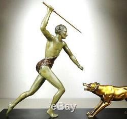 1920/1930 J Brault Rare Grd Statue Sculpture Bronze Art Deco Chasse Loup Athlete