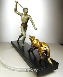 1920/1930 J Brault Rare Grd Statue Sculpture Bronze Art Deco Chasse Loup Athlete