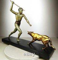 1920/1930 J Brault Rare Grd Statue Sculpture Bronze Art Deco Chasse Loup Athlete