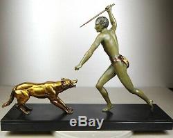 1920/1930 J Brault Rare Grd Statue Sculpture Bronze Art Deco Chasse Loup Athlete