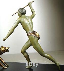 1920/1930 J Brault Rare Grd Statue Sculpture Bronze Art Deco Chasse Loup Athlete