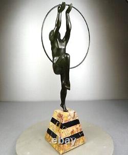 1920/1930 Lemo Rare Statue Sculpture Art Deco Bronze Danseuse Nue Cerceau Fille