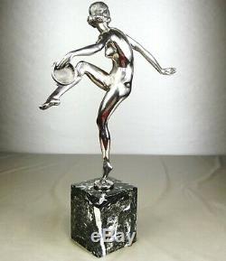 1920/1930 P Le Faguays Grd Statue Sculpture Art Deco Bronze Argente Danseuse Nue