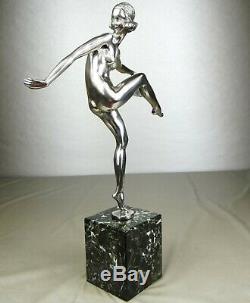 1920/1930 P Le Faguays Grd Statue Sculpture Art Deco Bronze Argente Danseuse Nue