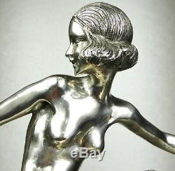 1920/1930 P Le Faguays Grd Statue Sculpture Art Deco Bronze Argente Danseuse Nue