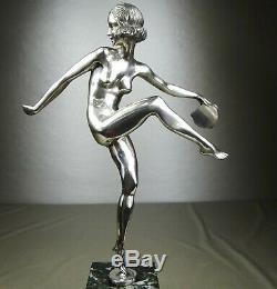 1920/1930 P Le Faguays Grd Statue Sculpture Art Deco Bronze Argente Danseuse Nue