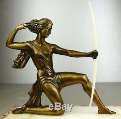 1920/30 J Sabartes Gual Statue Sculpture Art Deco Chryselephantine Bronze Diane