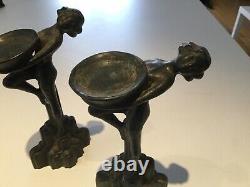 2 Sculptures Art Deco En Bronze Femmes Bougeoirs Style Max Le Verrier figuri