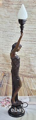 51` Grand Romain Fille Tenant Torche Lampe Fixation Bronze Sculpture Statue Art