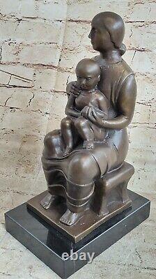 Abstrait Art Mère Et Enfant Vert Patine Bronze Sculpture Marbre Base Statue