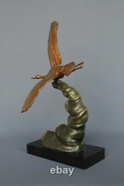 Ancien Bronze Animalier Signé Grue en Vol -Alexandre OULINE Art déco sculpture