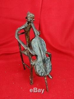 Ancienne sculpture en bronze, musicien et sa contrebasse Art contemporain 22,5cm