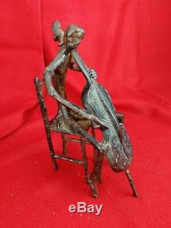 Ancienne sculpture en bronze, musicien et sa contrebasse Art contemporain 22,5cm