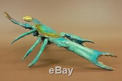 Art Déco Bleu Patine Crabe Homard 100% Bronze Massif Sculpture Figurine