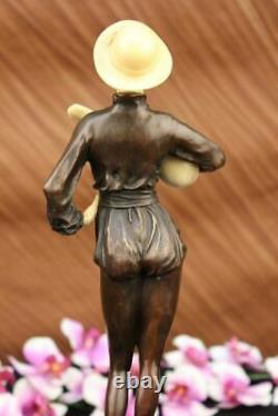 Art Déco Femme Playing Guitare Avec Elle Fille Bronze Sculpture Marbre Figurine