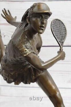 Art Déco Fonte Femelle Tennis Lecteur Bronze Sculpture Marbre Figurine Base