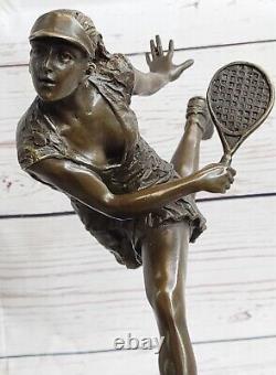 Art Déco Fonte Femelle Tennis Lecteur Bronze Sculpture Marbre Figurine Base