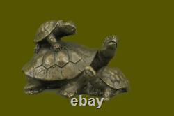 Art Déco Main Fabriqué Tortue Famille Groupe Véritable Bronze Sculpture Figurine