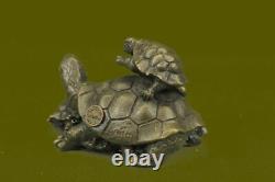 Art Déco Main Fabriqué Tortue Famille Groupe Véritable Bronze Sculpture Figurine