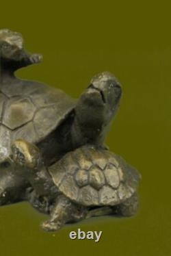 Art Déco Main Fabriqué Tortue Famille Groupe Véritable Bronze Sculpture Figurine