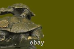Art Déco Main Fabriqué Tortue Famille Groupe Véritable Bronze Sculpture Figurine