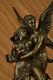 Art Déco Marbre Bronze Sculpture Ange Psyché Et Eros Statue Figurine Cupidon