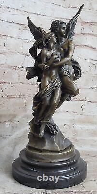 Art Déco Marbre Bronze Sculpture Ange Psyché Et Eros Statue Figurine Cupidon