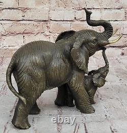 Art Déco Mère Éléphant Et Mollet Fonte Bronze Sculpture Signée Figurine Solde