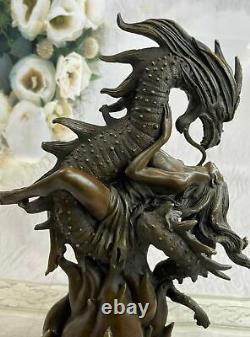 Art Déco Mythique Fantaisie Nymphe Et Dragon Bronze Sculpture Marbre Base Statue