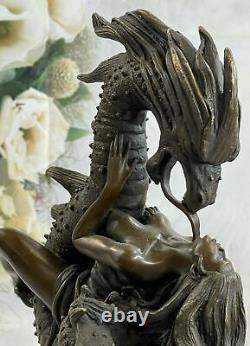 Art Déco Mythique Fantaisie Nymphe Et Dragon Bronze Sculpture Marbre Base Statue