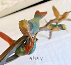 Art Deco Sculpture Animaliere 4 Oiseaux Sur Une Branche En Bronze Polychrome