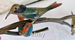 Art Deco Sculpture Animaliere 4 Oiseaux Sur Une Branche En Bronze Polychrome