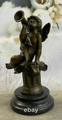 Art Déco Sculpture Jouer Musique Petit Ange Bronze Statue Européen Conçu Par MO