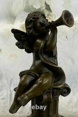 Art Déco Sculpture Jouer Musique Petit Ange Bronze Statue Européen Conçu Par MO