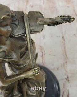 Art Déco Violon Lecteur Bronze Sculpture Signée Femelle Musicien Figurine