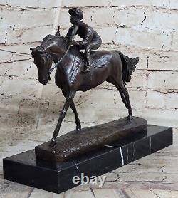 Art Déco Western Mâle Jockey Racing Cheval Bronze Sculpture Statue Décoration